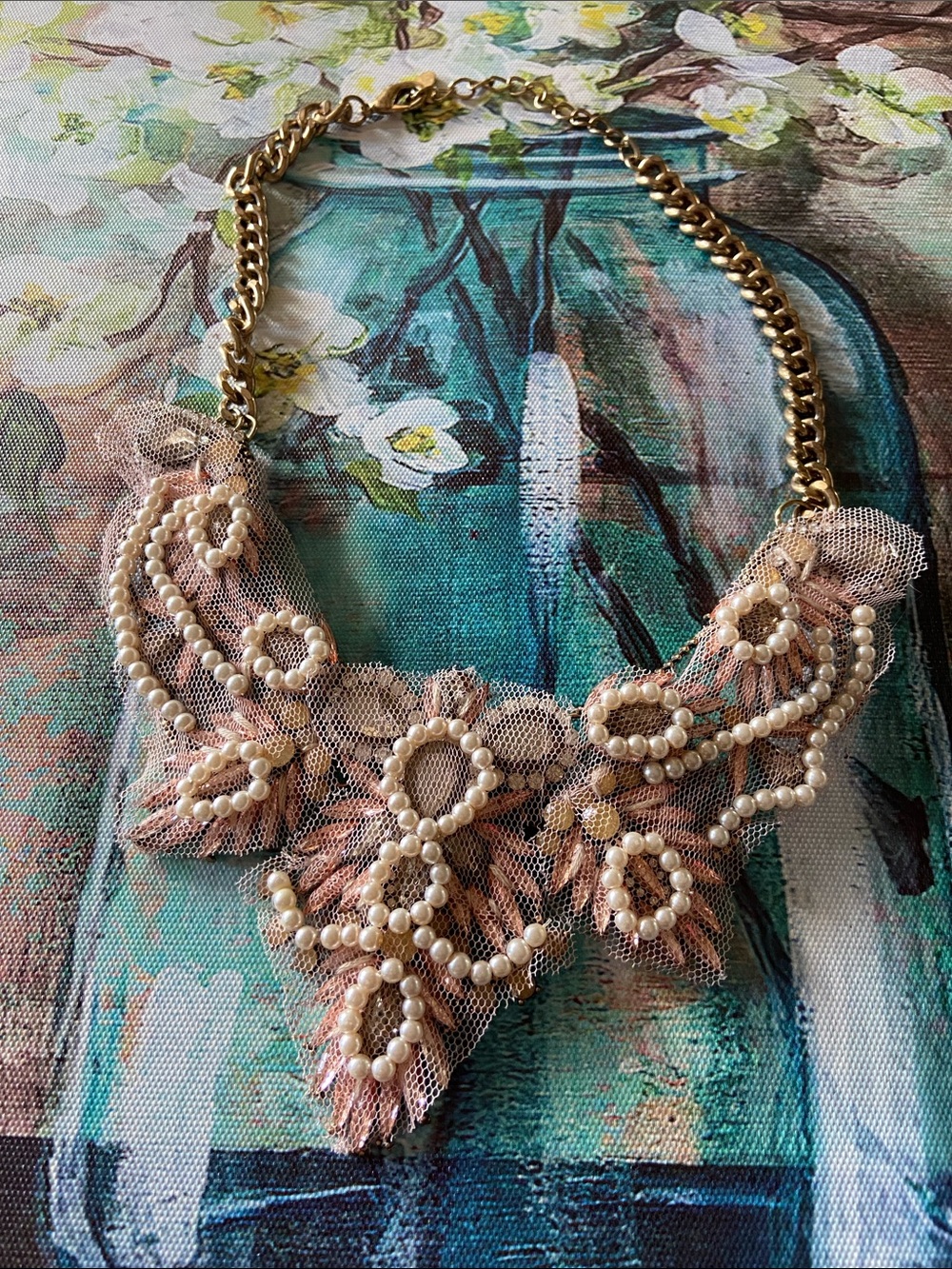 Delicate Pearl Lace Bib Necklace in Blush Pink with Gold Chain